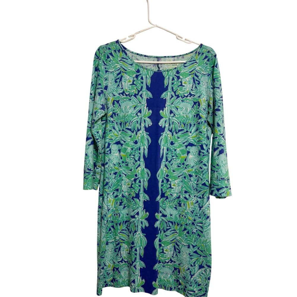Lilly Pulitzer Shift Dress Preppy Green Blue Panda Print 3/4 Sleeve Medium